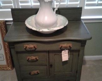 Painted washstand with bowl and pitcher
