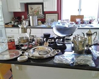 Silverplate items and set of wrought iron scales with tray