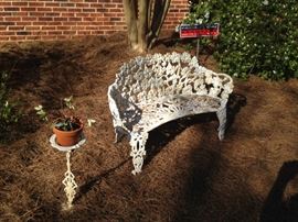 Wrought iron white decorative yard bench and plant stand