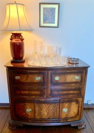 Crystal Old Fashioned Glasses & Bar Accessories atop a Vintage Phonograph Cabinet (hollowed out), ready for your imagination 