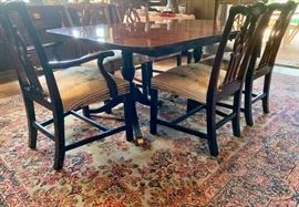 Georgian-Style Mahogany Dining Set; (Clever inside storage for 4 extension leaves) Chinese Chippendale-Style Chairs