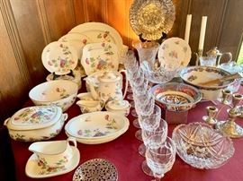 Wedgwood "Cuckooo" Pattern Bone China; Waterford, Curraghmore  stems; Herend, "Butterflies and Flowers" Plates