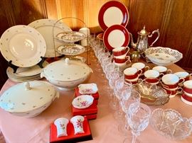 Rosenthal Serving Pieces; Colport, Athlone (Marone/Ruby) Dinner Service; Waterford (Curraghmore) Stemware 