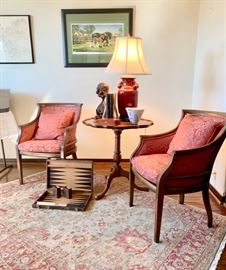 Wood Framed Occasional Chairs; Piecrust Table; Glazed Ceramic Table Tamp; Persian-Style Area Rug