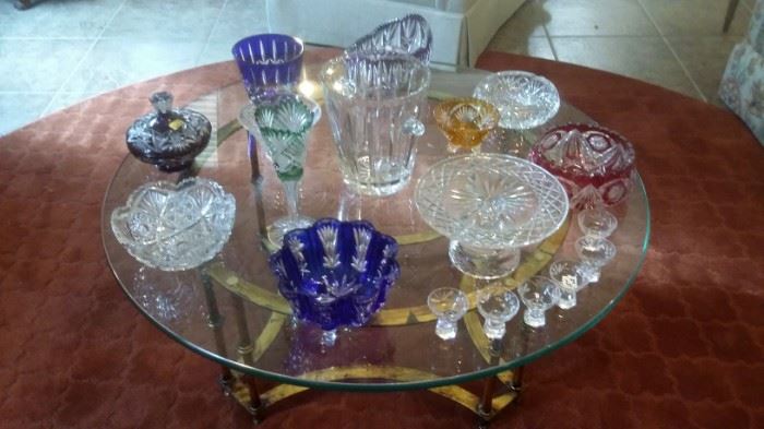 BRASS & GLASS COFFEE TABLE...COLORED CUT CRYSTAL