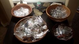 BASKETS FULL OF COSTUME JEWELRY....ANTIQUE PURSES