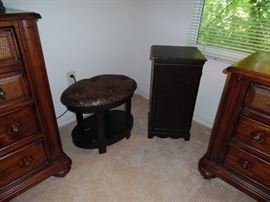 Small upholstered stool, small wood cabinet
