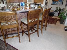 Bar stools, tall, tropical print seats