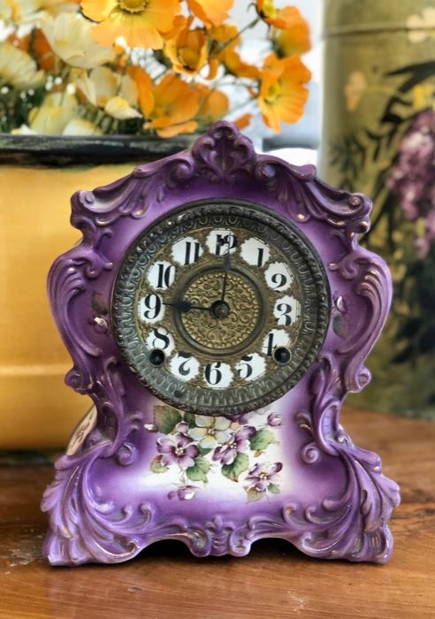 Vintage purple porcelain mantle clock