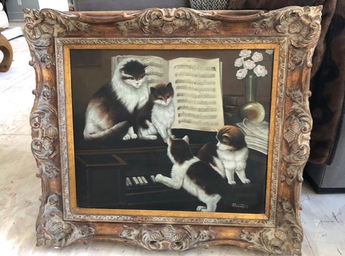 Cats playing piano vintage painting 