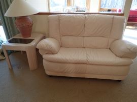 LEATHER SOFA  & LOVESEAT / WHITE WASH & GLASS COFFEE TABLE  AND END TABLES 