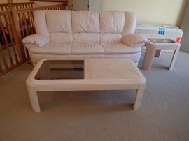 LEATHER SOFA  & LOVESEAT / WHITE WASH & GLASS COFFEE TABLE  AND END TABLES 