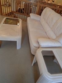 LEATHER SOFA  & LOVESEAT / WHITE WASH & GLASS COFFEE TABLE  AND END TABLES 