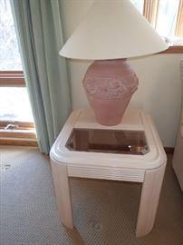 LEATHER SOFA  & LOVESEAT / WHITE WASH & GLASS COFFEE TABLE  AND END TABLES  & LAMP