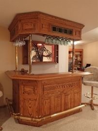 OAK BAR WITH BRASS FOOT RAIL & POSTS -- COME APART FOR EASY TRANSPORT