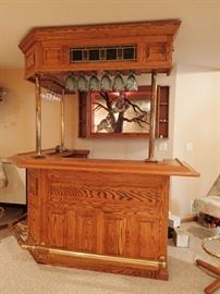 OAK BAR WITH BRASS FOOT RAIL & POSTS -- COME APART FOR EASY TRANSPORT