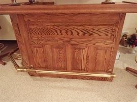 OAK BAR WITH BRASS FOOT RAIL & POSTS -- COME APART FOR EASY TRANSPORT