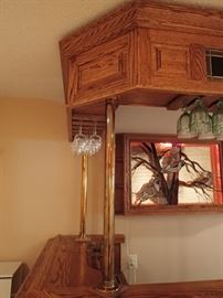 OAK BAR WITH BRASS FOOT RAIL & POSTS -- COME APART FOR EASY TRANSPORT