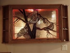 LIGHT BOX WITH STAINED GLASS BIRDS STAINED GLASS AND SHELVES 