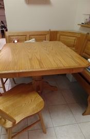 OAK TABLE & CHAIRS & CORNER BENCH WITH STORAGE