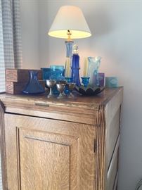 Yawman & Erbe converted file cabinet, vintage cheese boxes, glassware