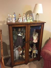 Gorgeous oak bookcase with glass doors, Enesco, Precious Moments, Little Women porcelain dolls
