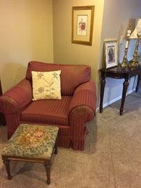 Needlepoint footstool, arm chair, sofa table, lamps