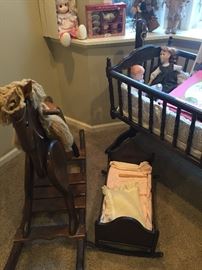 Wooden children’s items, rocking horse, doll bed