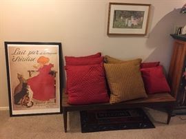 Throw pillows, coffee table, art print 