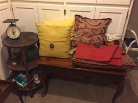 Rattan round table, vintage scale, throw pillows, pillow covers, coffee table