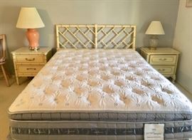 Queen Serta Perfect Sleeper Mattress/Spring; Henry Link Faux-bamboo Full Headboard, Triple Dresser w/ Mirror, 2-drawer Nightstand