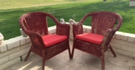 2 Red Wicker Armchairs w/ Cushions