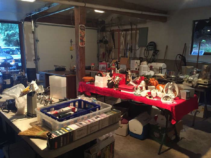 garage is packed decorations, tools, small appliances kitchen items