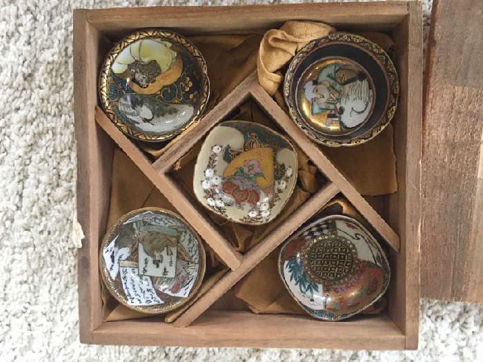 With Sake set, 5 hand-painted Sake porcelain cups in wooden box.