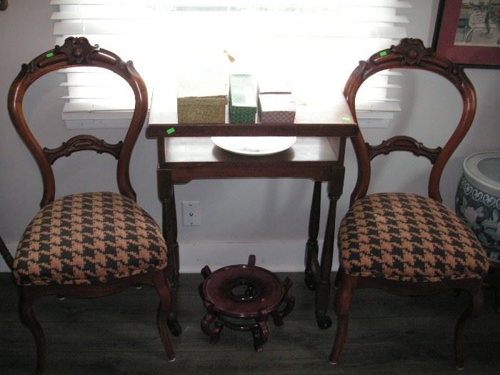 Antique balloon back chairs have sold, but book table is available