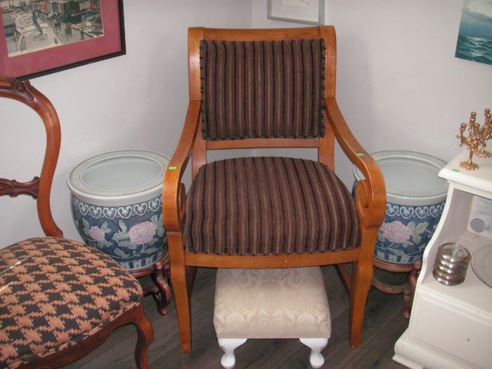 Antique chair; chinese pots