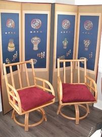 6 panel screen decorated with silk; 2 MCM bamboo swivel chairs