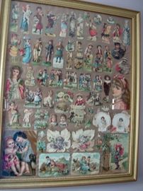 Framed Victorian die cut advertising paper dolls, cards, pictures etc