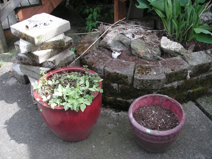 Pots & brick pavers and decorative bricks, all for sale, including the hosta plant!