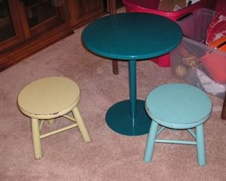 Two wood stools and green enamel table
