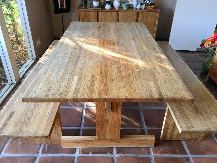 Farmhouse style dining table with benches 