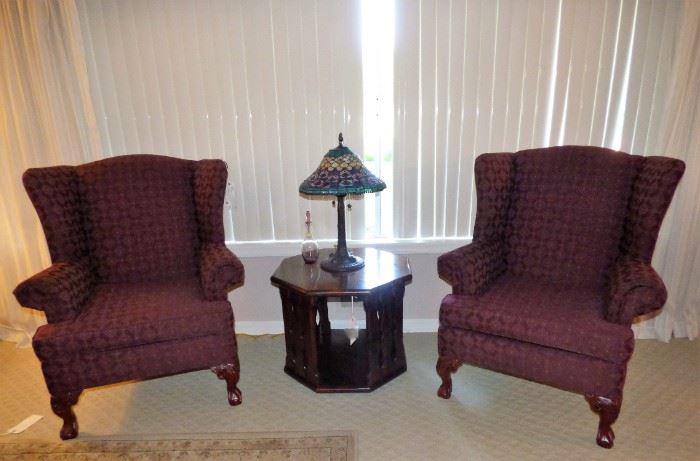 Pair of quality Wing Back Chairs, Tiffany Style stained glass lamp