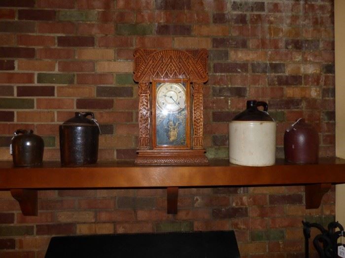 Southern Pottery Jugs, Antique oak kitchen mantle clock