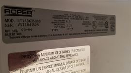 label inside Whirlpool Roper upright fridge and freezer
