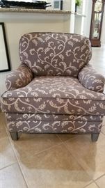 upholstered arm chair - one of two in this sale - has matching ottoman as well