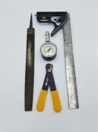 There are LOTS of hand tools in this sale including files, rulers, measuring tape, pliers, wrenches, screwdrivers, levers, and clamps. Lots of hardware as well.