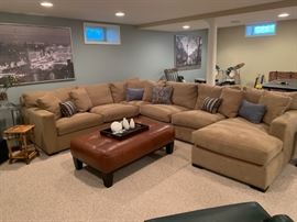 Pottery Barn sectional and leather ottoman