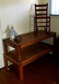 antique rocking chair and two newer oak coffee tables