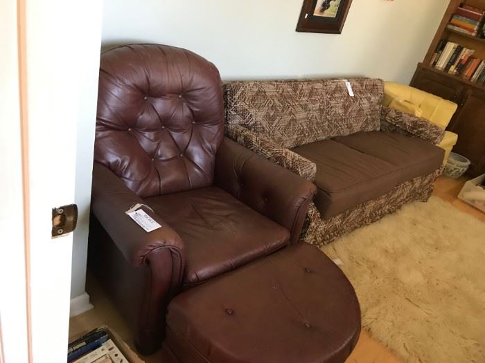 #20 chair Leather Burgundy Chair/Ottoman Bradding ton -Young Brand $300.00 
#23 sofa Hide-a-bed brown two-tone sofa 72" long $100.00
