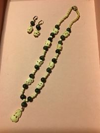 Antique Ivory & Jade Necklace & Earring Set
